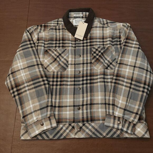 Scotch & Soda Sherpa Lined Plaid Flannel Jacket Tan Brown Mocha Men's Size XL - Picture 1 of 6